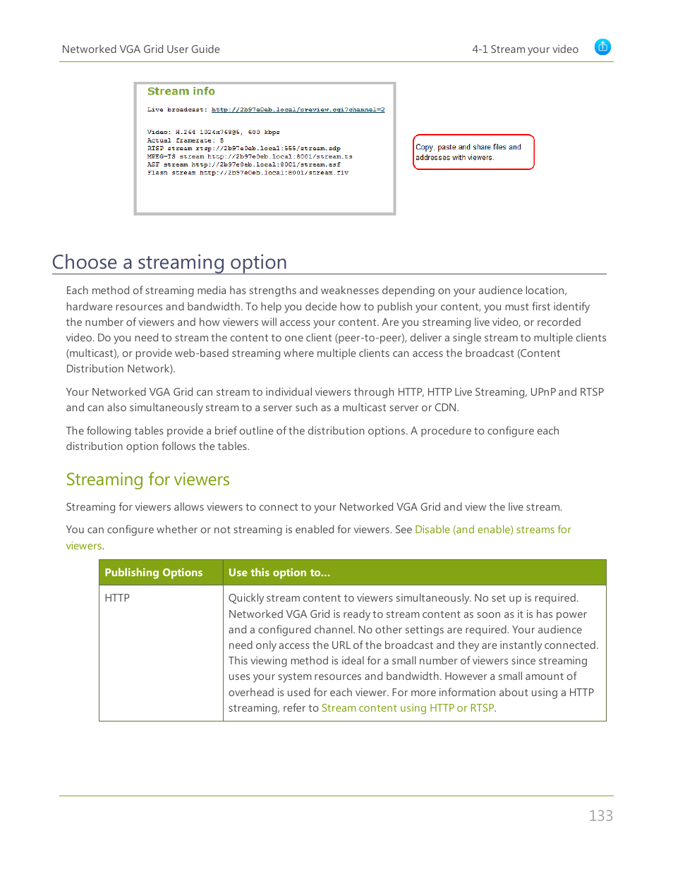 Choose a streaming option, Streaming for viewers | Epiphan Networked VGA Grid User Manual | Page 145 / 306
