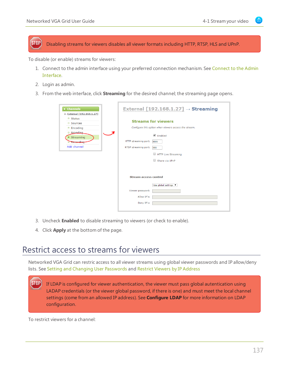 Restrict access to streams for viewers | Epiphan Networked VGA Grid User Manual | Page 149 / 306