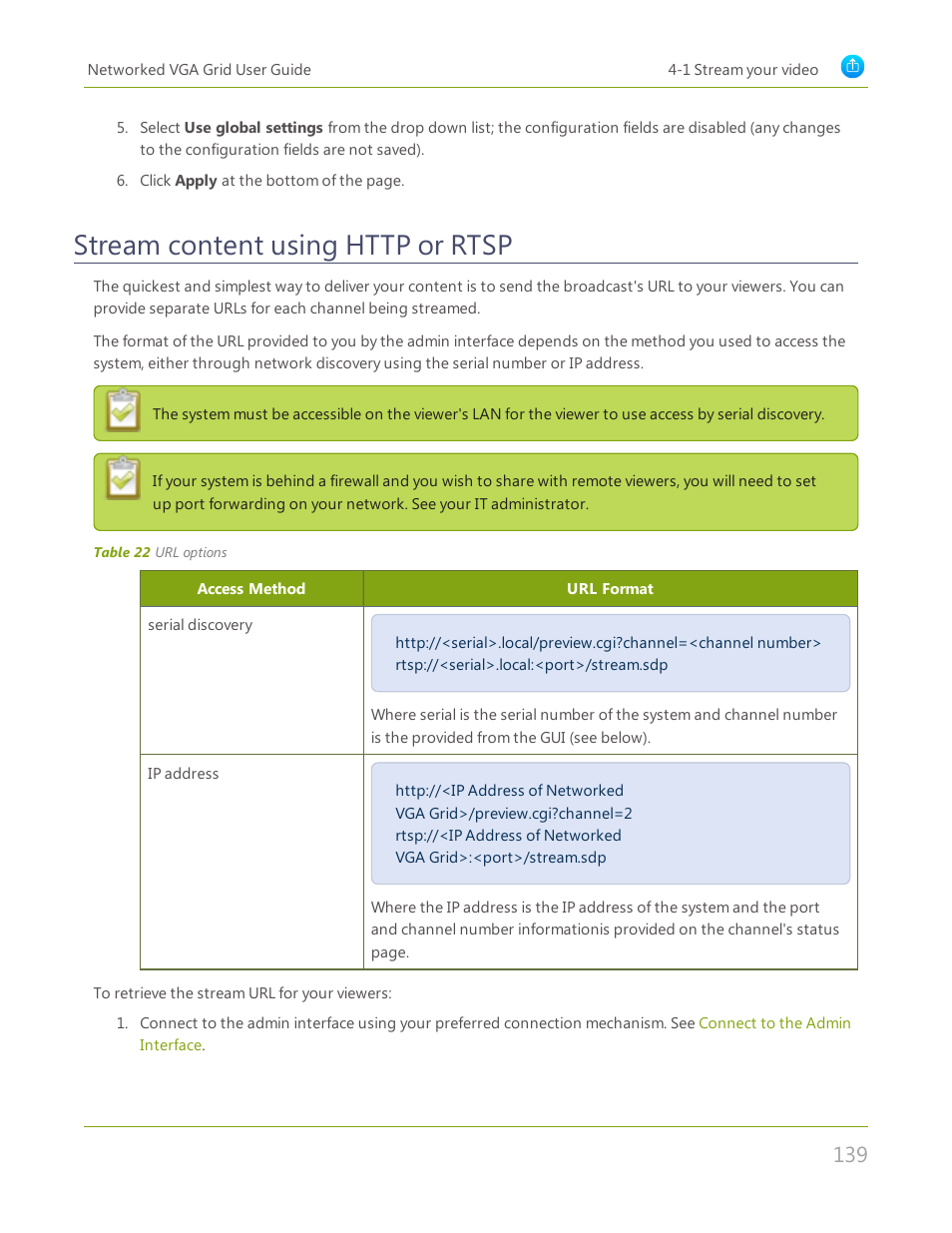 Stream content using http or rtsp, Stream, Content using http or rtsp | Epiphan Networked VGA Grid User Manual | Page 151 / 306