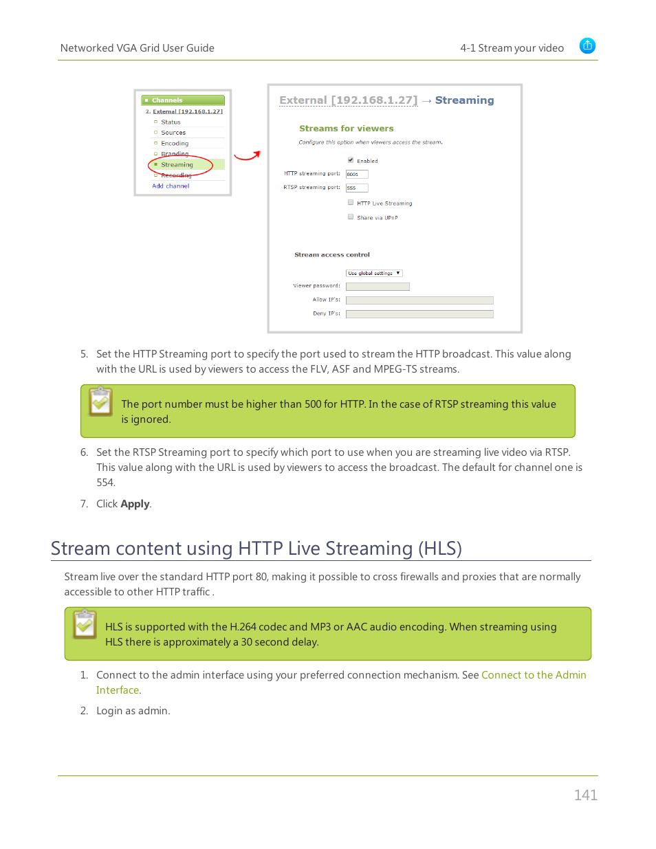 Stream content using http live streaming (hls) | Epiphan Networked VGA Grid User Manual | Page 153 / 306