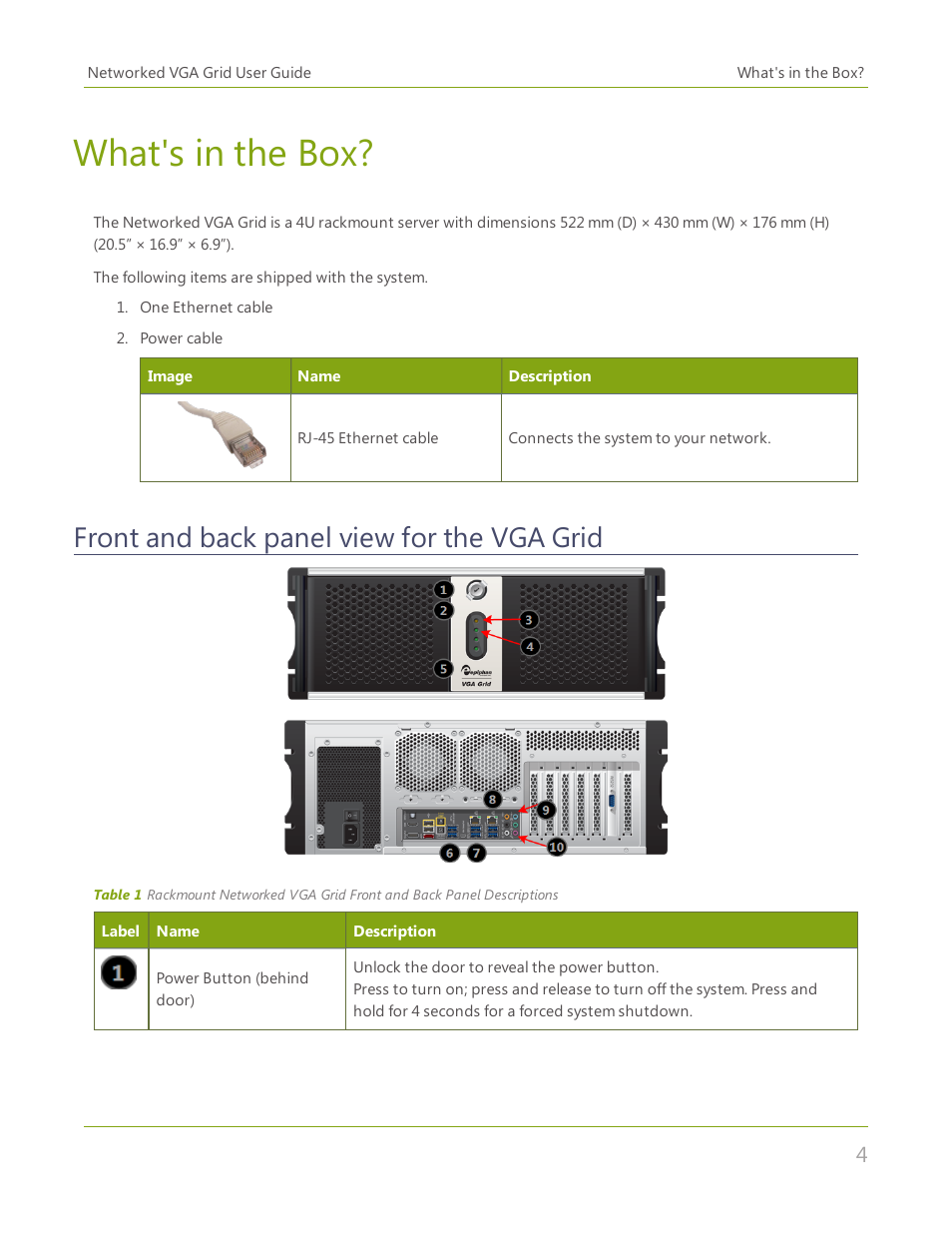 What's in the box, Front and back panel view for the vga grid | Epiphan Networked VGA Grid User Manual | Page 16 / 306