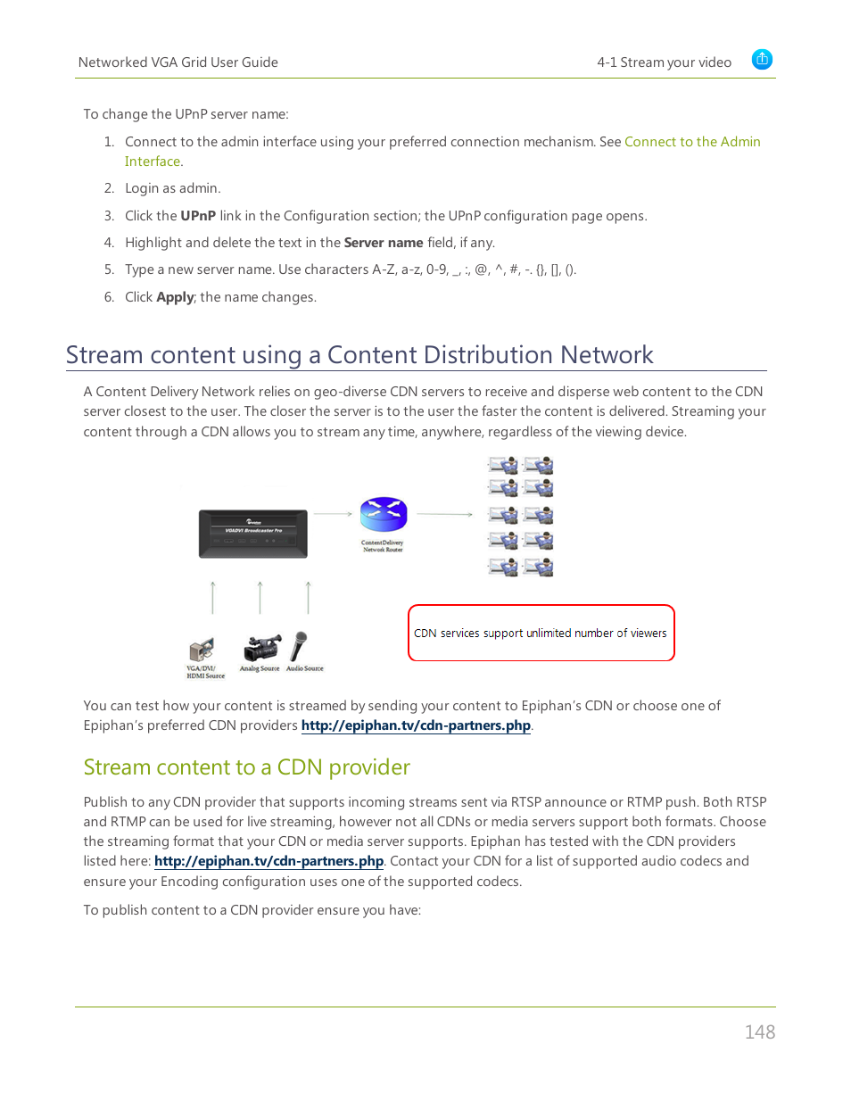 Stream content using a, Content distribution network, Stream content to a cdn provider | Epiphan Networked VGA Grid User Manual | Page 160 / 306