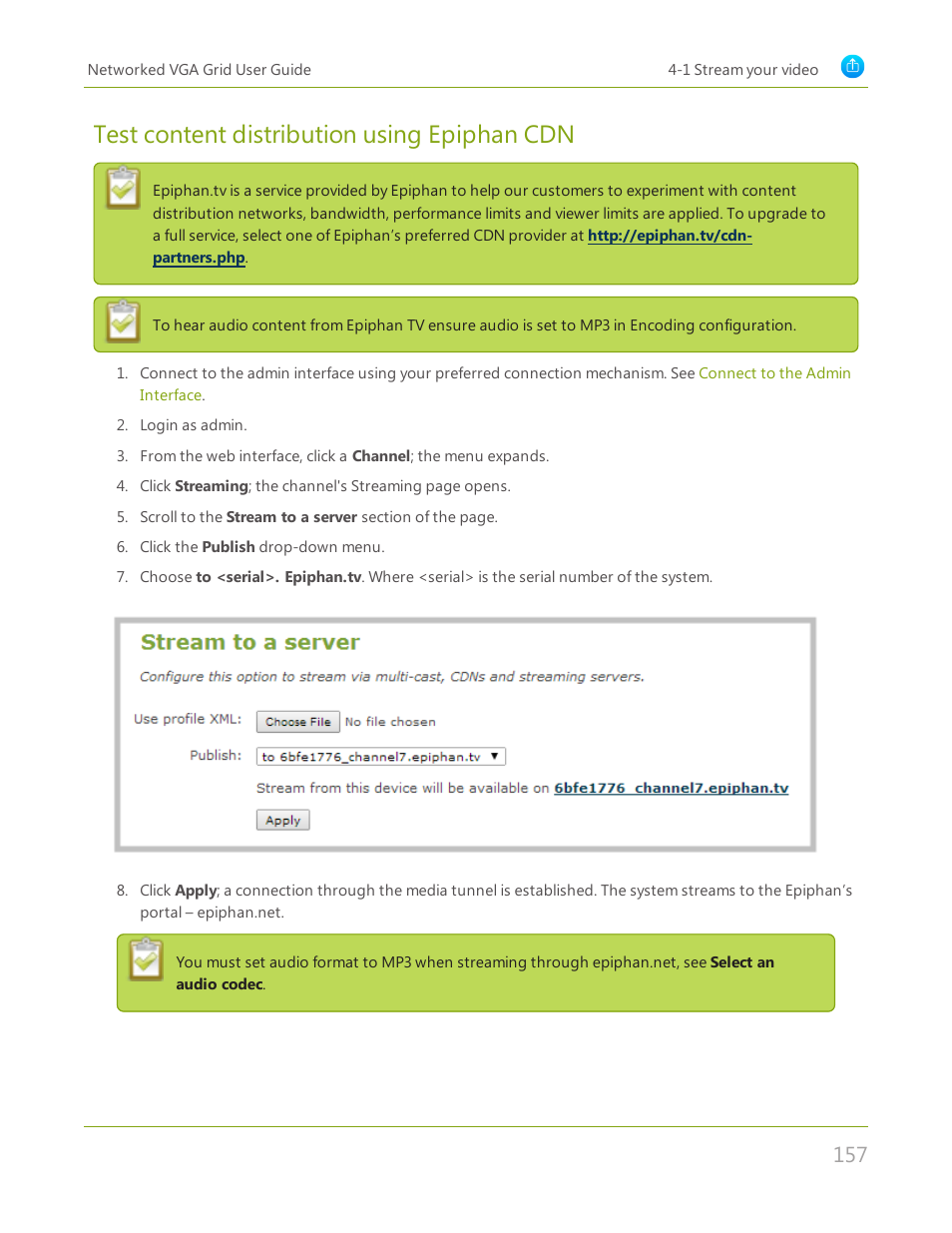 Test content distribution using epiphan cdn | Epiphan Networked VGA Grid User Manual | Page 169 / 306