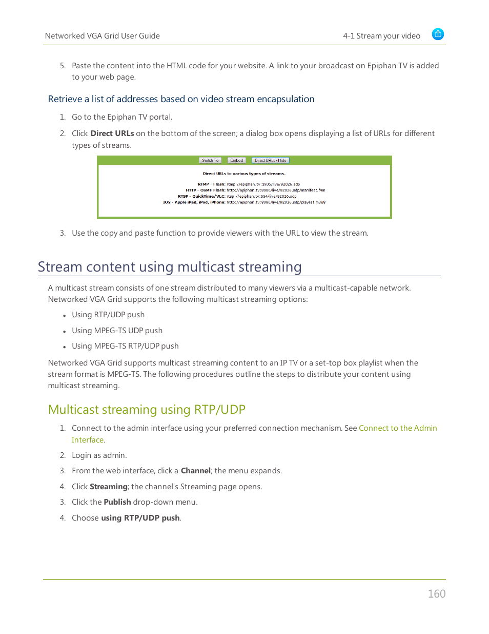 Stream content using multicast streaming, Stream content using multicast, Streaming | Multicast streaming using rtp/udp | Epiphan Networked VGA Grid User Manual | Page 172 / 306