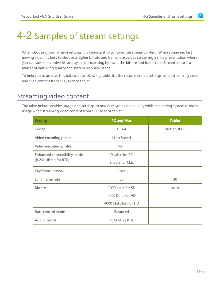 2 samples of stream settings, Streaming video content, Samples of stream settings | Epiphan Networked VGA Grid User Manual | Page 177 / 306