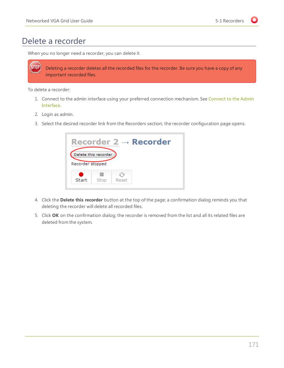 Delete a recorder | Epiphan Networked VGA Grid User Manual | Page 183 / 306