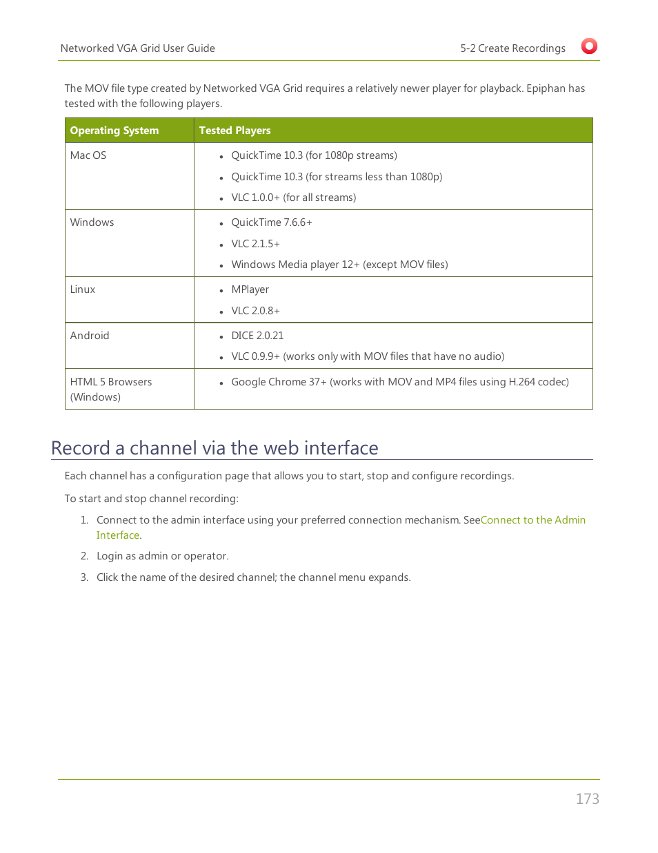 Record a channel via the web interface | Epiphan Networked VGA Grid User Manual | Page 185 / 306