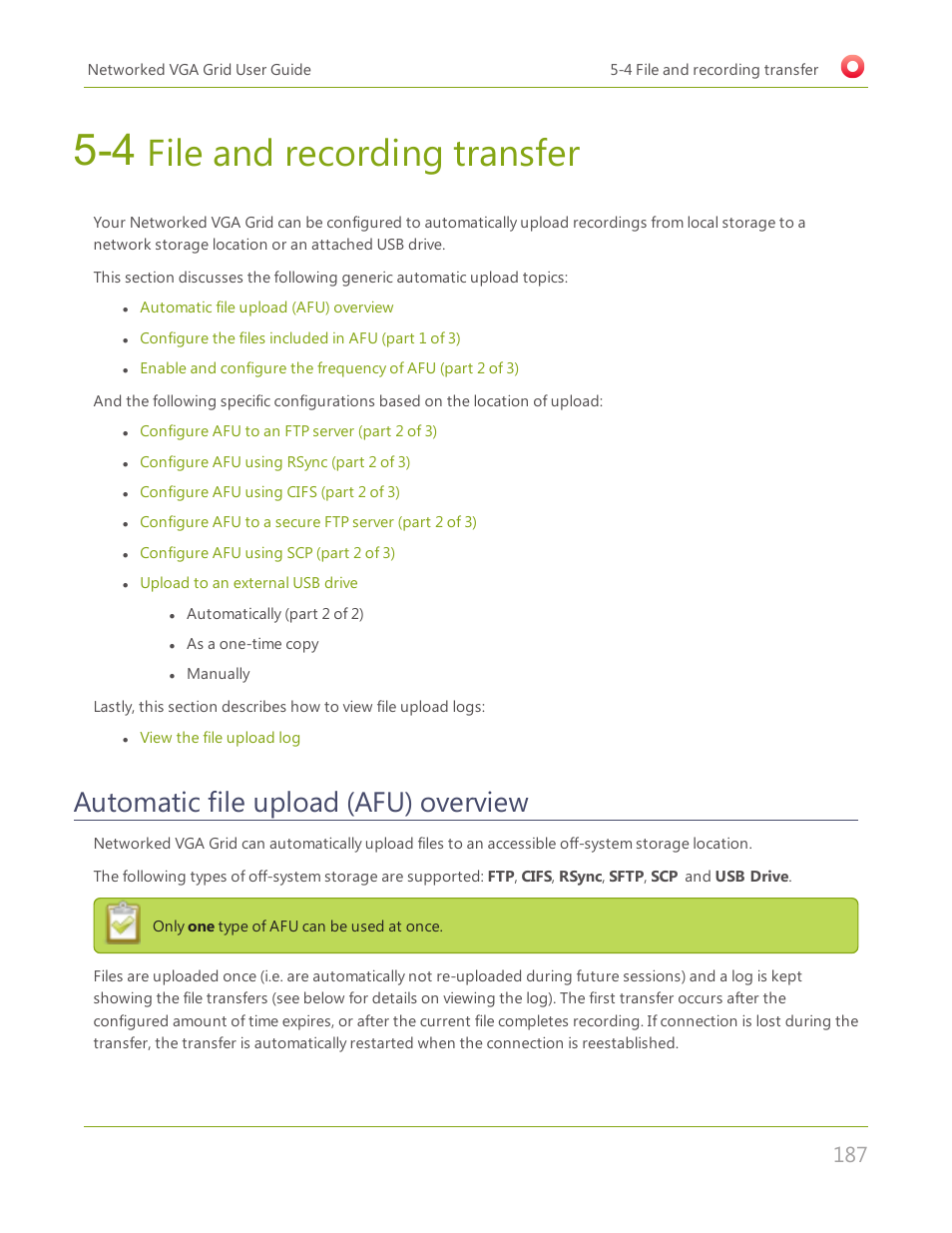 4 file and recording transfer, Automatic file upload (afu) overview, File and recording transfer | File, And recording transfer | Epiphan Networked VGA Grid User Manual | Page 199 / 306