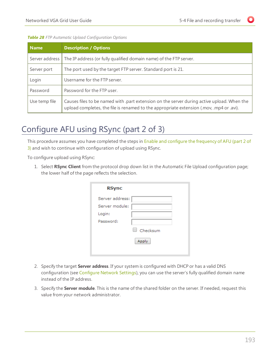 Configure afu using rsync (part 2 of 3) | Epiphan Networked VGA Grid User Manual | Page 205 / 306