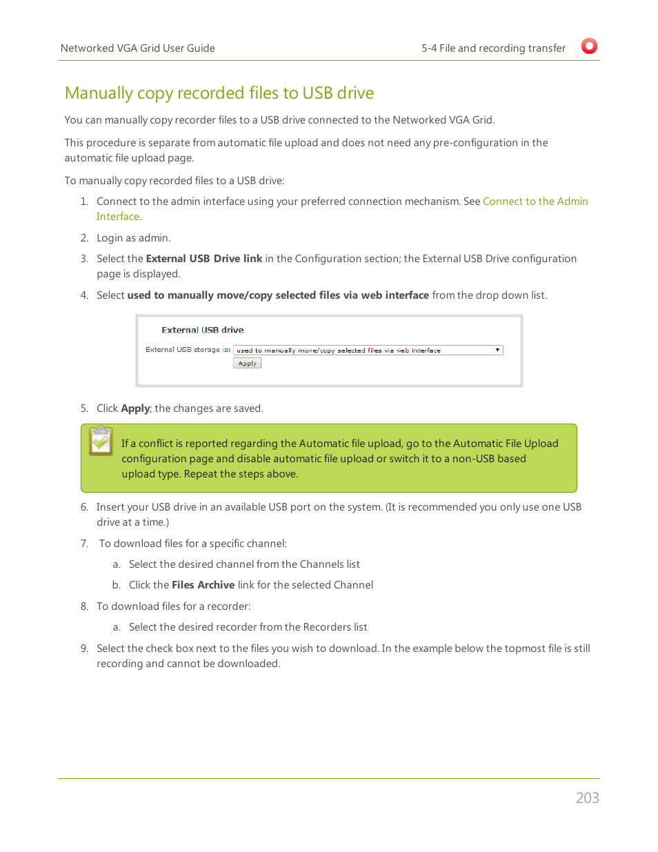 Manually copy recorded files to usb drive | Epiphan Networked VGA Grid User Manual | Page 215 / 306