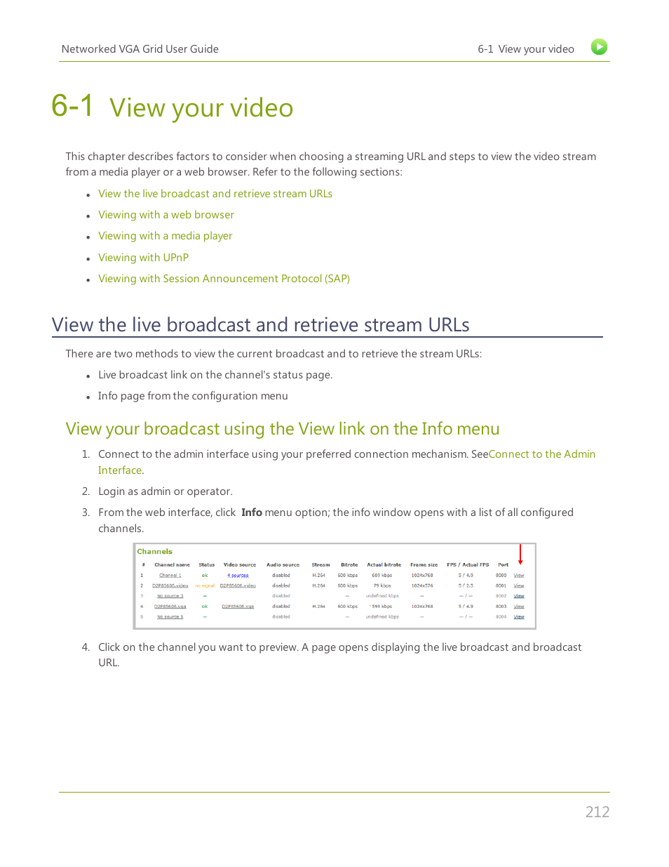 1 view your video, View the live broadcast and retrieve stream urls, View your video | Epiphan Networked VGA Grid User Manual | Page 224 / 306