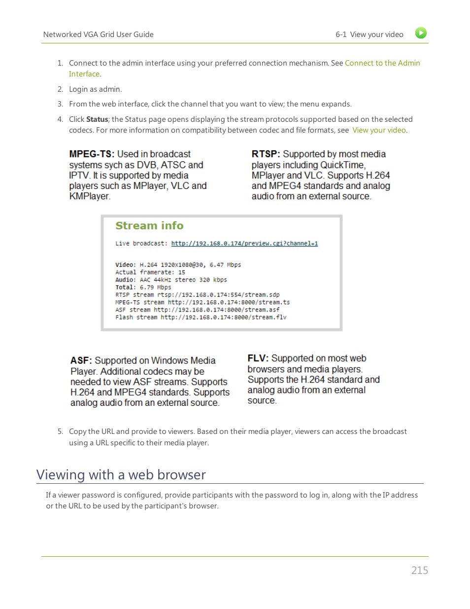 Viewing with a web browser | Epiphan Networked VGA Grid User Manual | Page 227 / 306