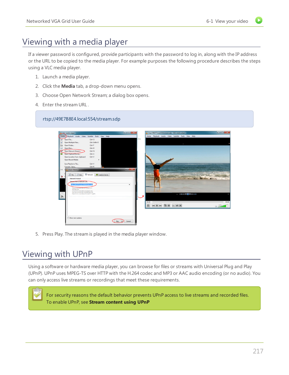 Viewing with a media player, Viewing with upnp | Epiphan Networked VGA Grid User Manual | Page 229 / 306