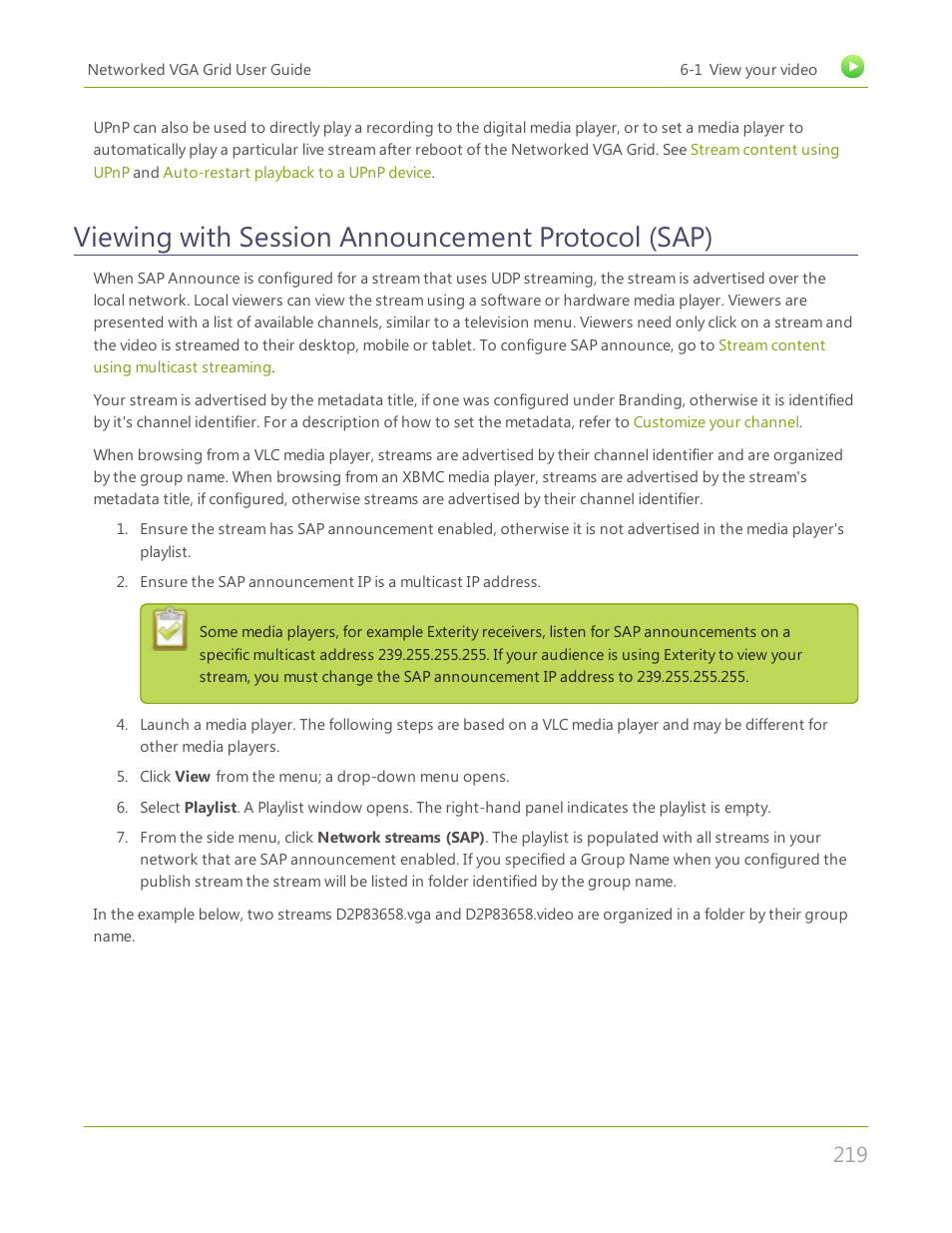 Viewing with session announcement protocol (sap) | Epiphan Networked VGA Grid User Manual | Page 231 / 306