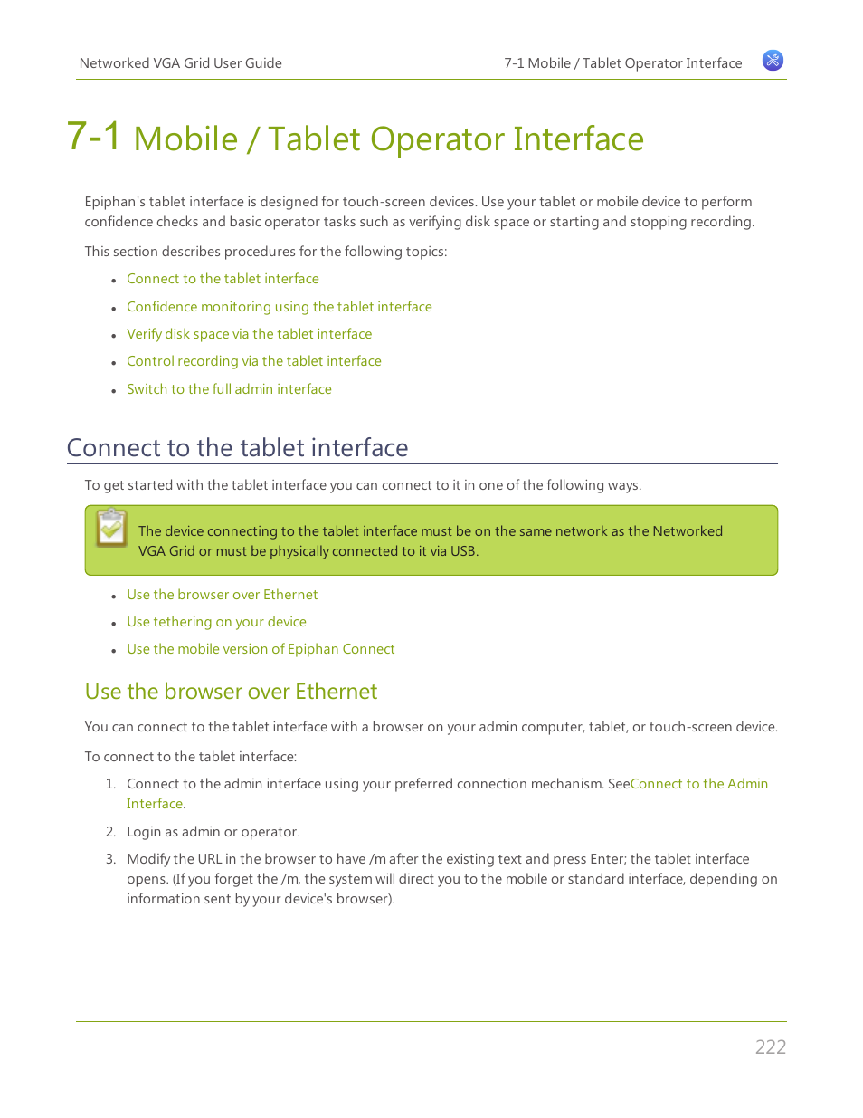 1 mobile / tablet operator interface, Connect to the tablet interface, Mobile / tablet operator interface | Use the browser over ethernet | Epiphan Networked VGA Grid User Manual | Page 234 / 306