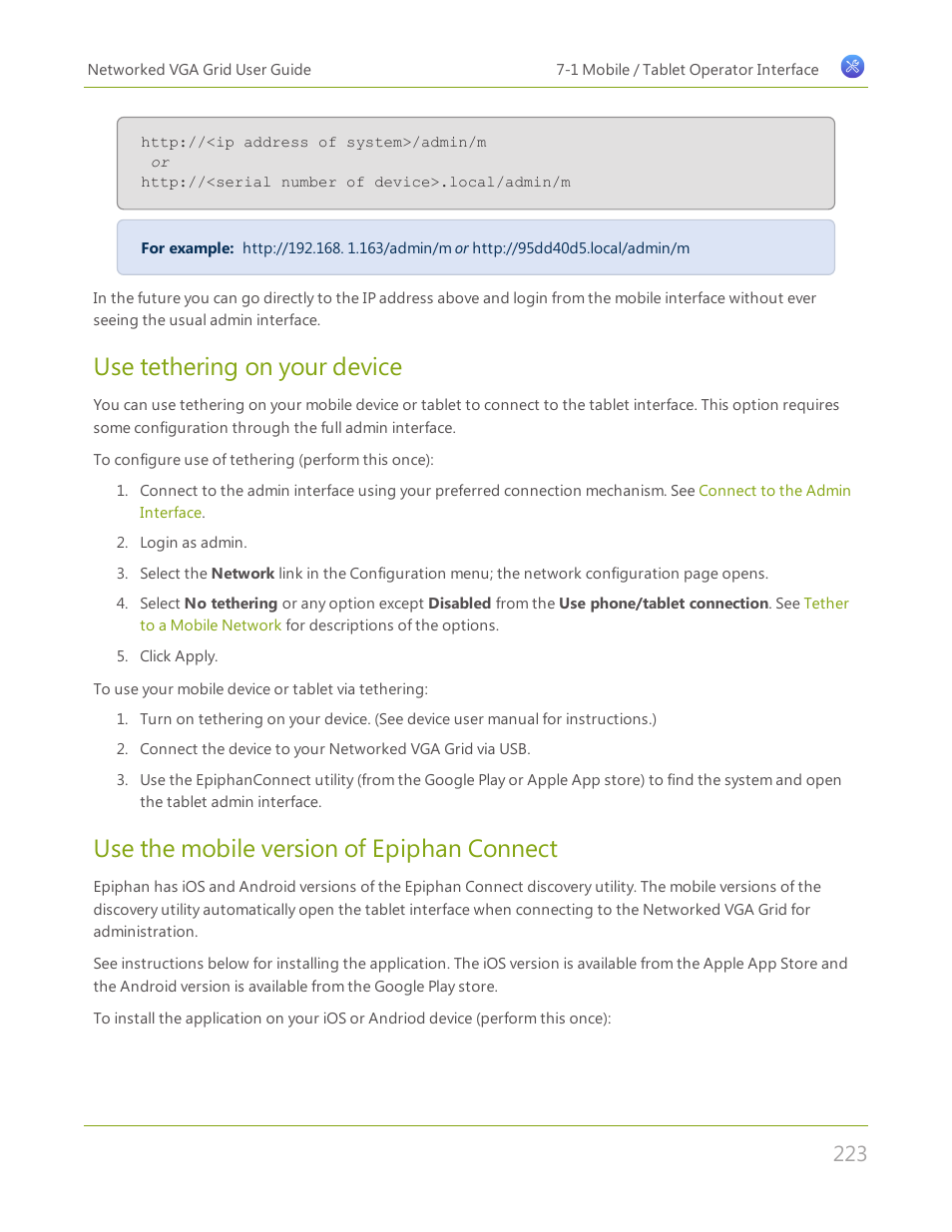 Use tethering on your device, Use the mobile version of epiphan connect | Epiphan Networked VGA Grid User Manual | Page 235 / 306