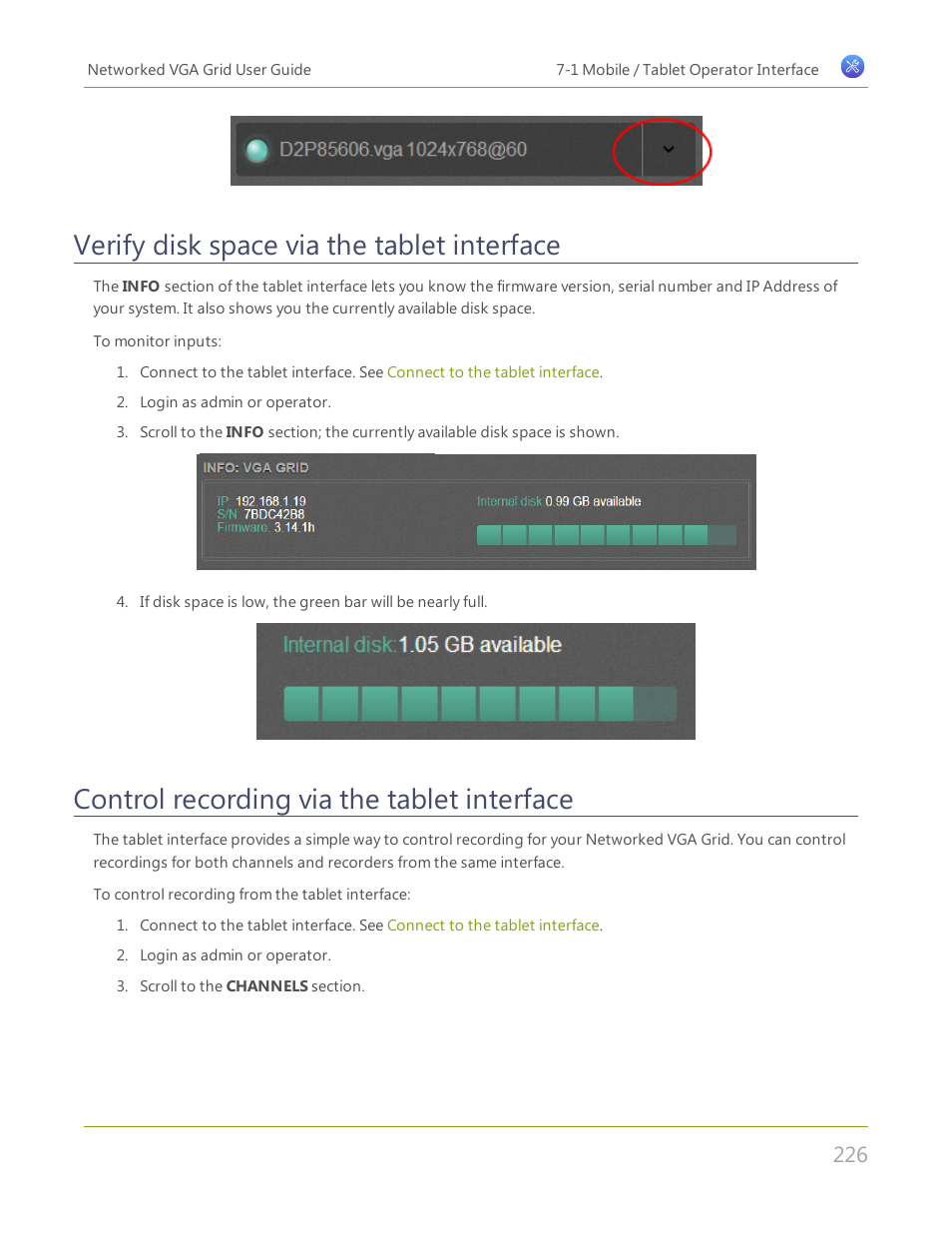 Verify disk space via the tablet interface, Control recording via the tablet interface, Control recording via the tablet | Interface | Epiphan Networked VGA Grid User Manual | Page 238 / 306