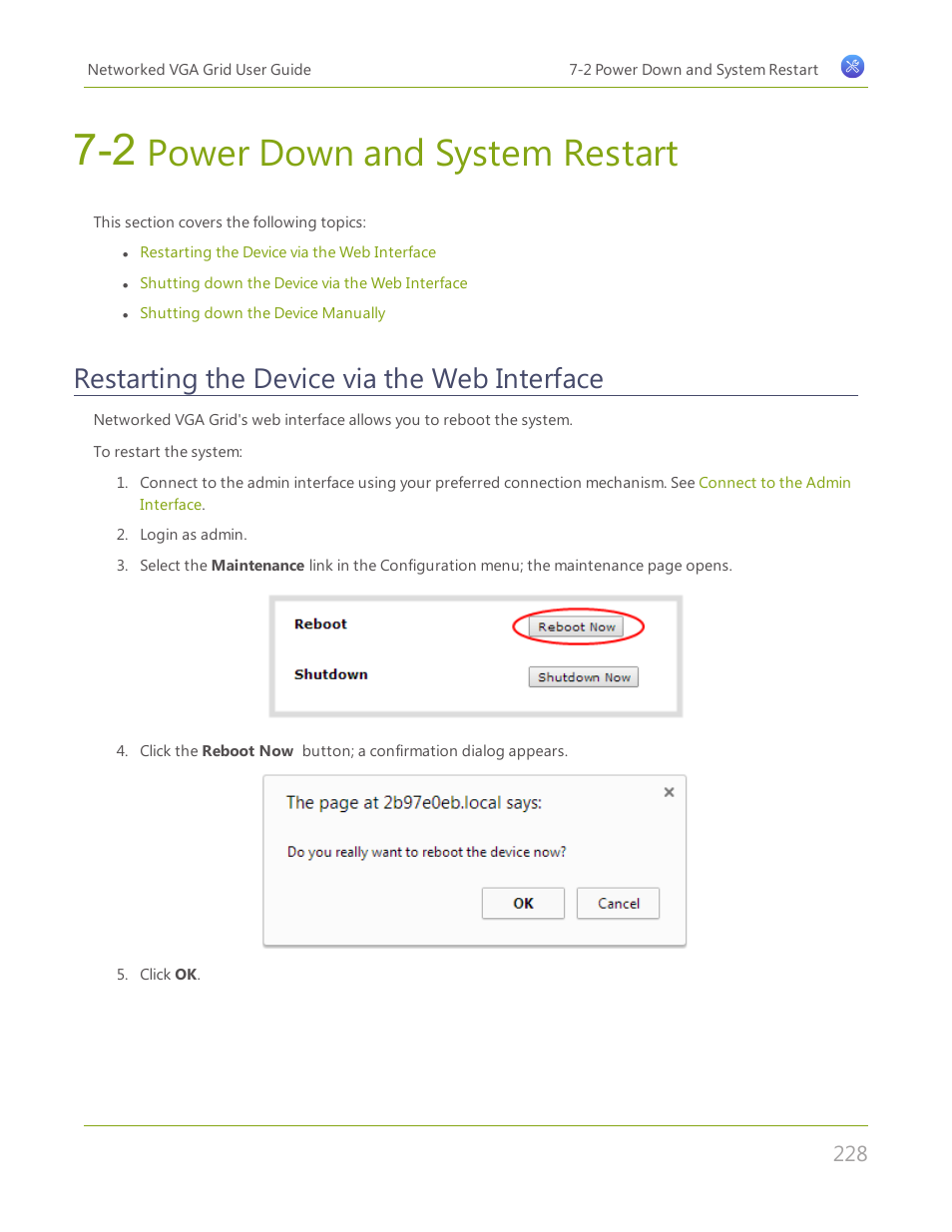 2 power down and system restart, Restarting the device via the web interface, Power down and system restart | Epiphan Networked VGA Grid User Manual | Page 240 / 306