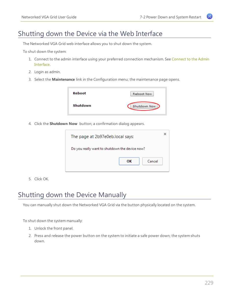 Shutting down the device via the web interface, Shutting down the device manually | Epiphan Networked VGA Grid User Manual | Page 241 / 306