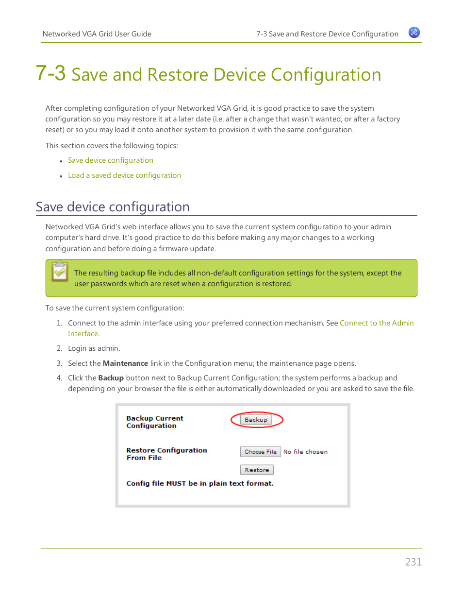 3 save and restore device configuration, Save device configuration, Save and restore device configuration | Save and restore device, Configuration | Epiphan Networked VGA Grid User Manual | Page 243 / 306