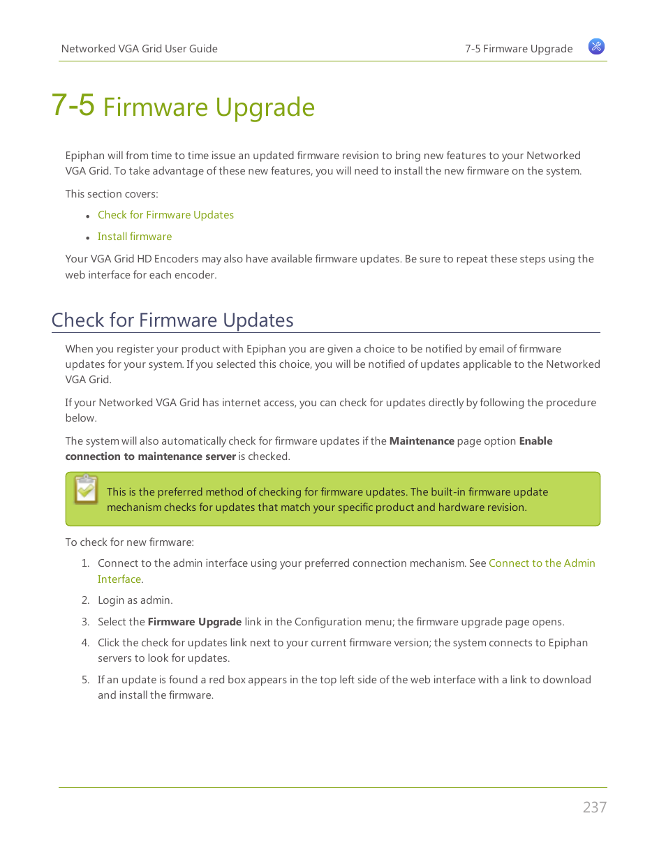 5 firmware upgrade, Check for firmware updates, Firmware upgrade | Epiphan Networked VGA Grid User Manual | Page 249 / 306