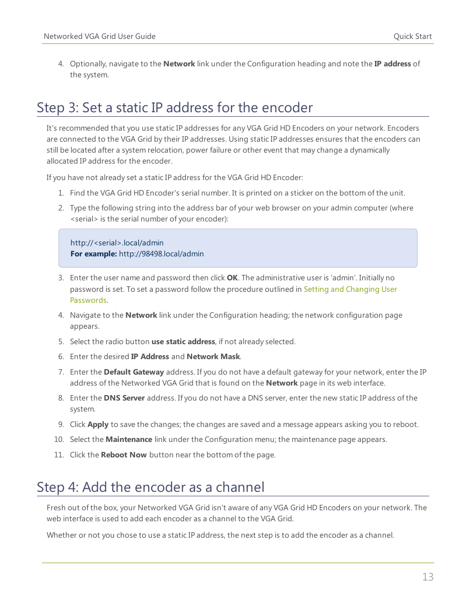 Step 3: set a static ip address for the encoder, Step 4: add the encoder as a channel | Epiphan Networked VGA Grid User Manual | Page 25 / 306