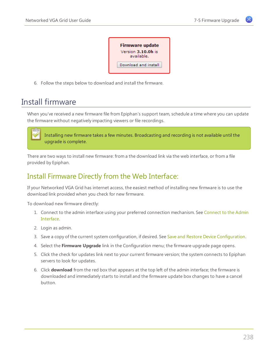 Install firmware, Install firmware directly from the web interface | Epiphan Networked VGA Grid User Manual | Page 250 / 306