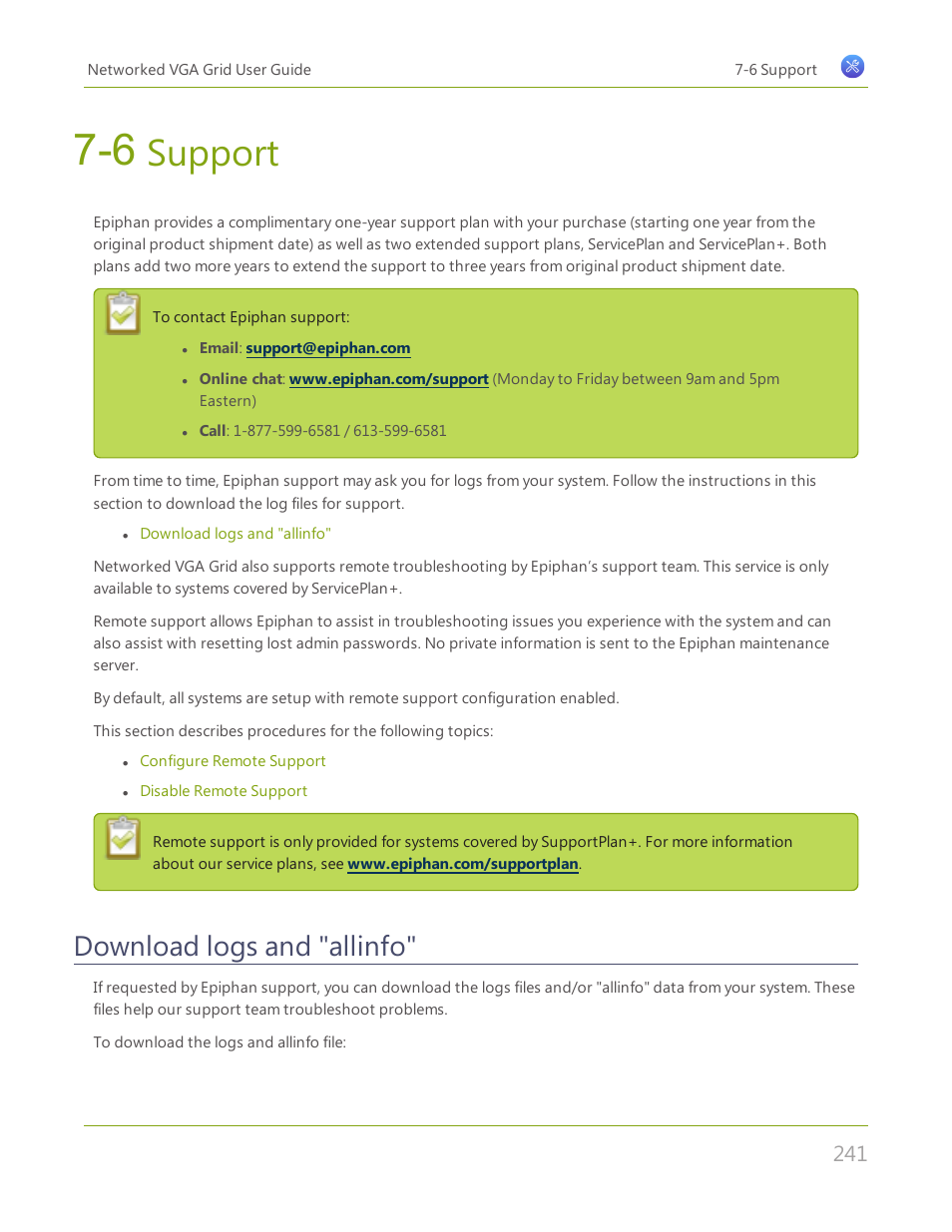 6 support, Download logs and allinfo, Download logs and "allinfo | Support | Epiphan Networked VGA Grid User Manual | Page 253 / 306