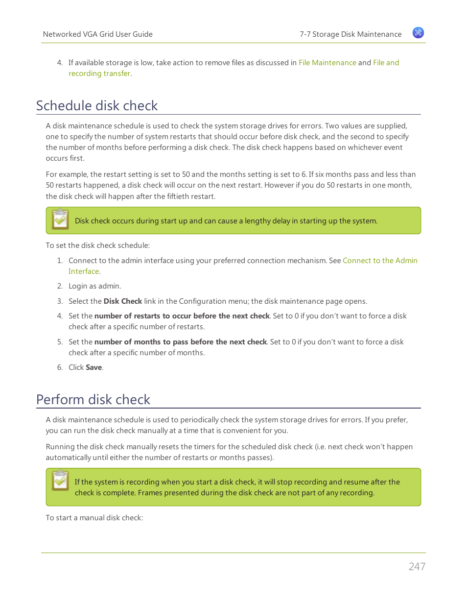 Schedule disk check, Perform disk check | Epiphan Networked VGA Grid User Manual | Page 259 / 306