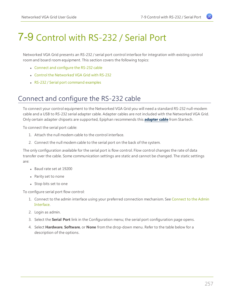 9 control with rs-232 / serial port, Connect and configure the rs-232 cable, Control with rs-232 / serial port | Epiphan Networked VGA Grid User Manual | Page 269 / 306