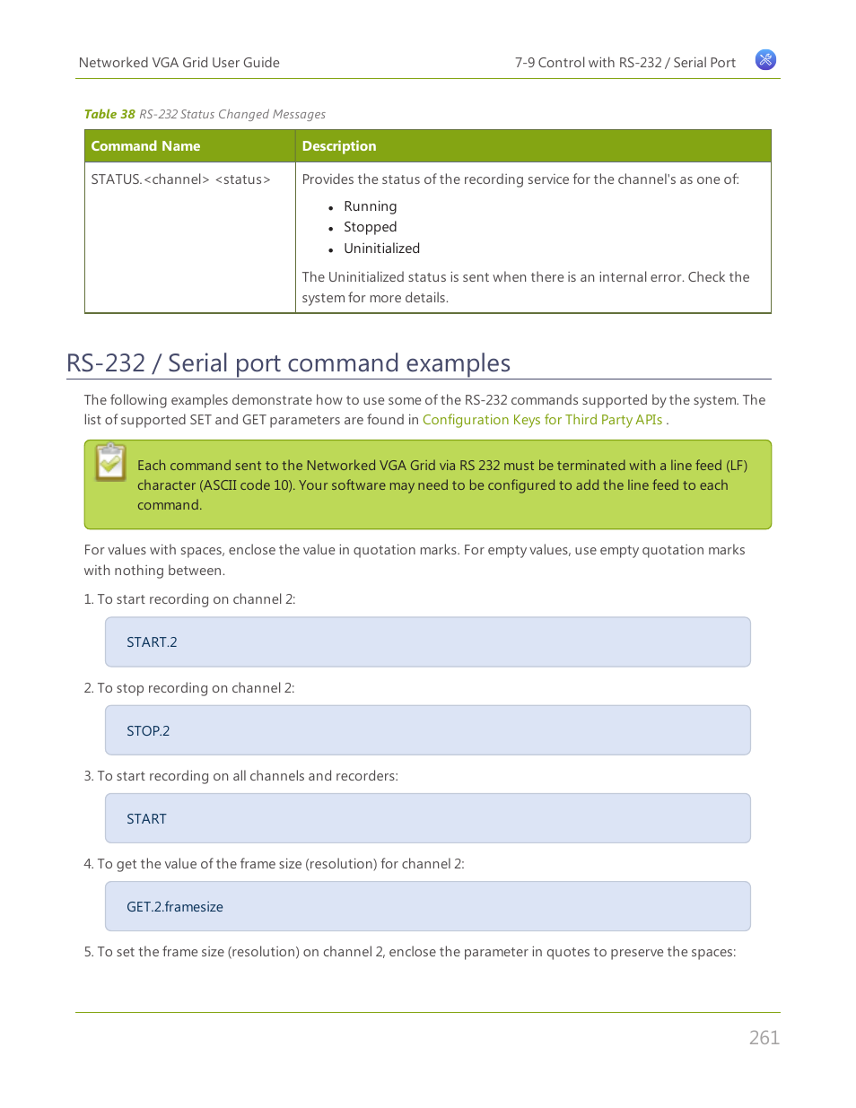 Rs-232 / serial port command examples | Epiphan Networked VGA Grid User Manual | Page 273 / 306