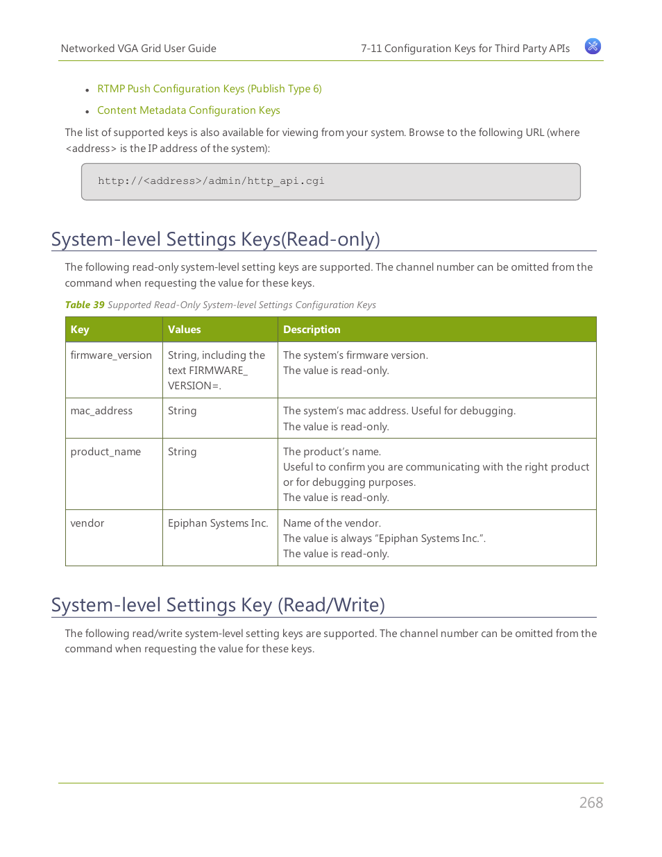 System-level settings keys(read-only), System-level settings key (read/write) | Epiphan Networked VGA Grid User Manual | Page 280 / 306