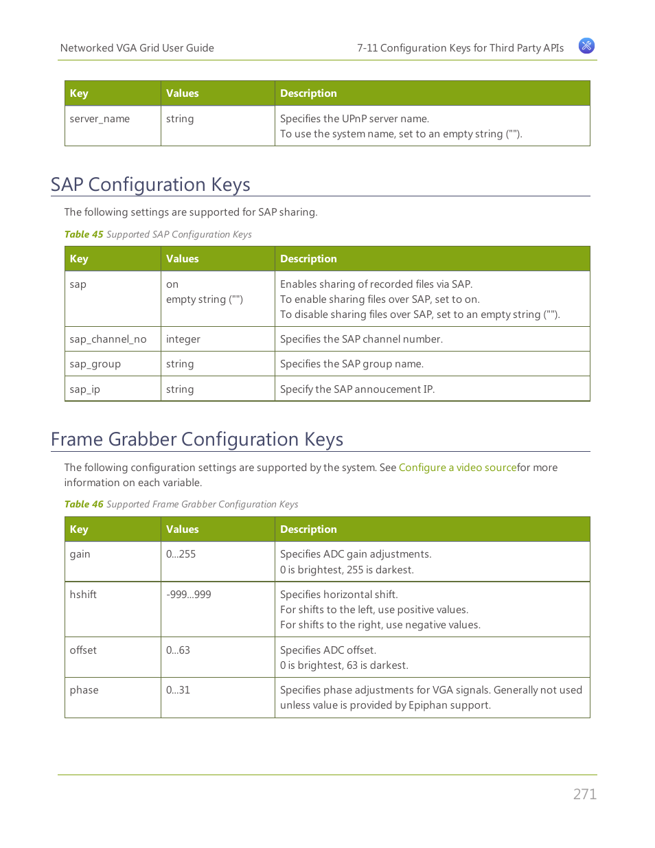 Sap configuration keys, Frame grabber configuration keys | Epiphan Networked VGA Grid User Manual | Page 283 / 306