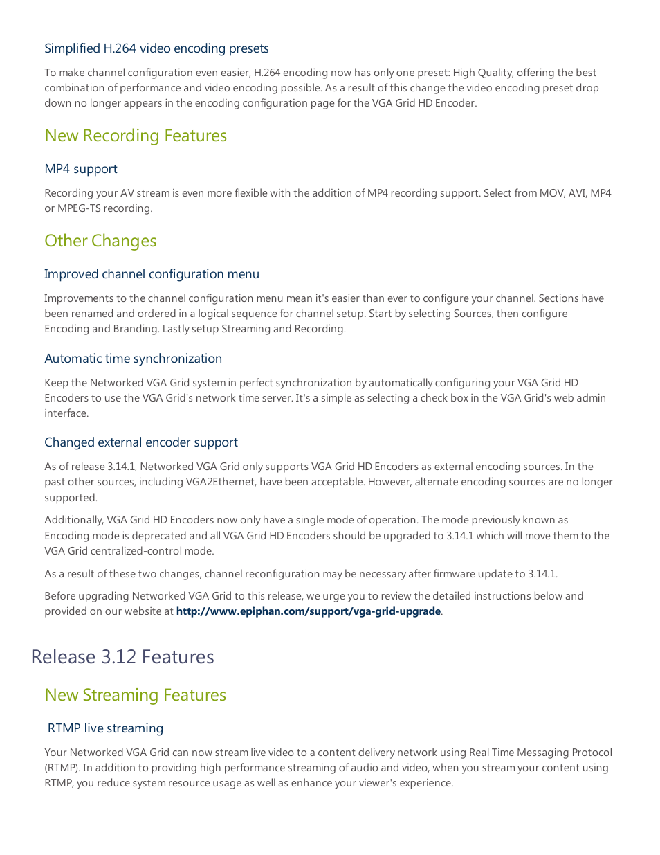 Release 3.12 features, New recording features, Other changes | New streaming features | Epiphan Networked VGA Grid User Manual | Page 295 / 306