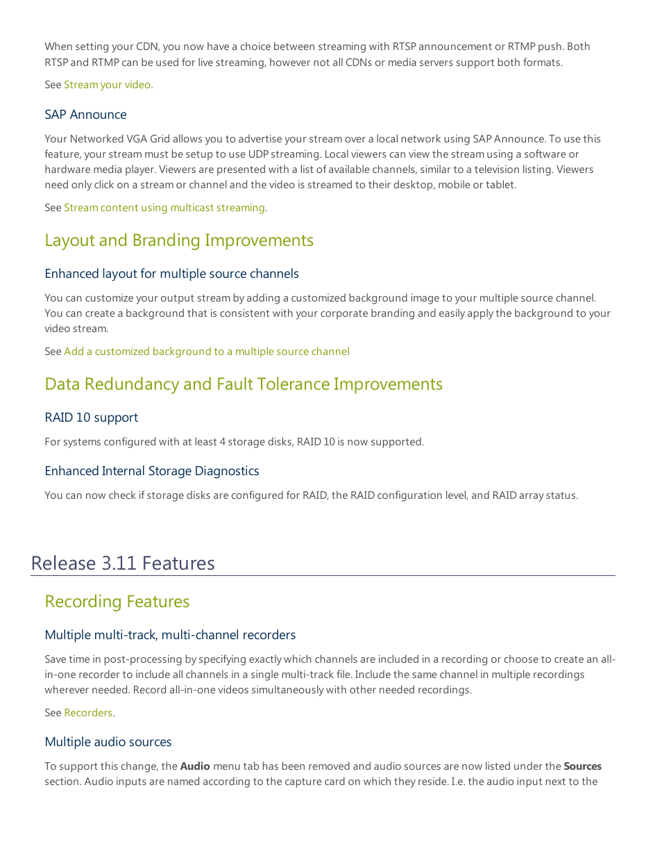 Release 3.11 features, Layout and branding improvements, Data redundancy and fault tolerance improvements | Recording features | Epiphan Networked VGA Grid User Manual | Page 296 / 306