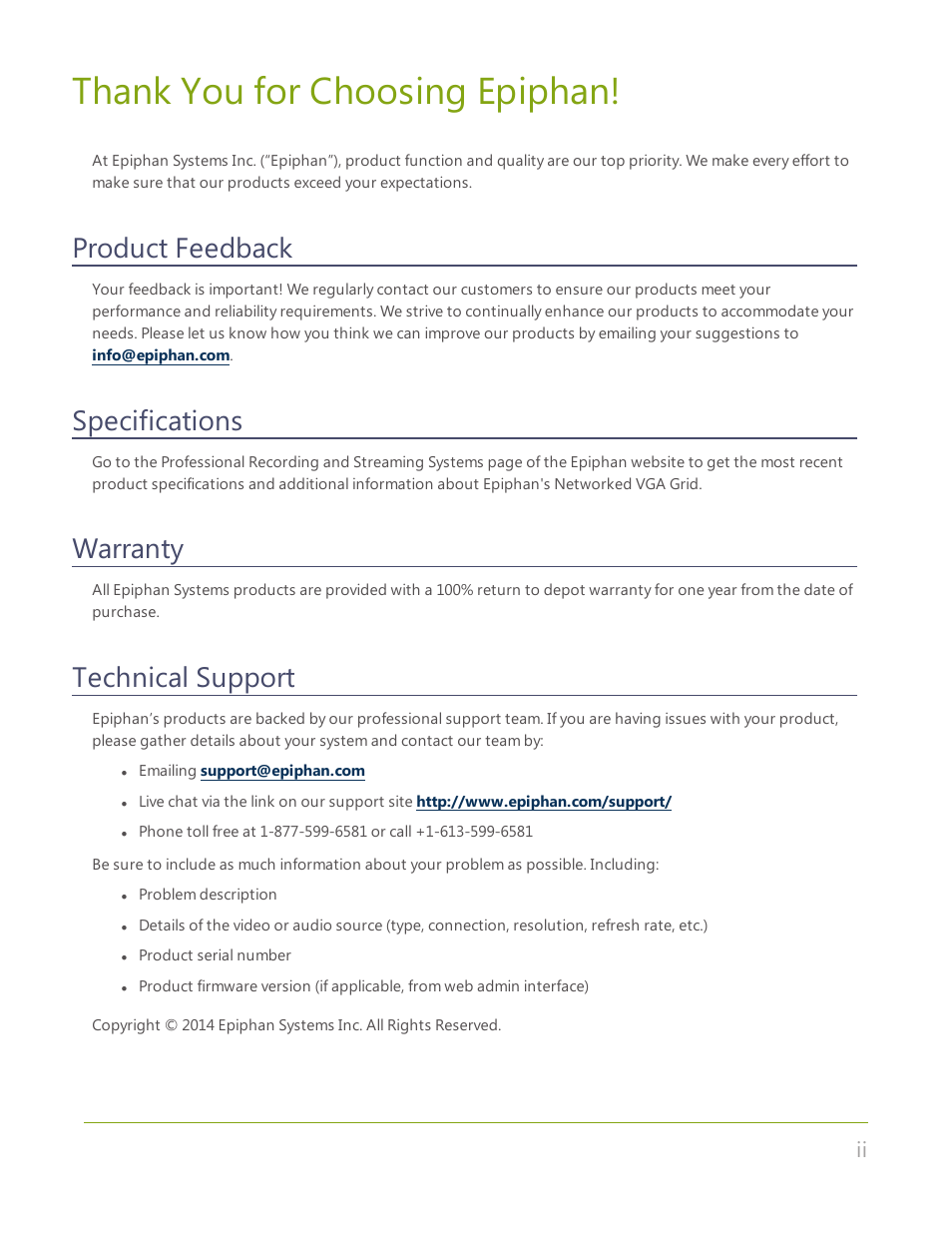 Thank you for choosing epiphan, Product feedback, Specifications | Warranty, Technical support | Epiphan Networked VGA Grid User Manual | Page 3 / 306