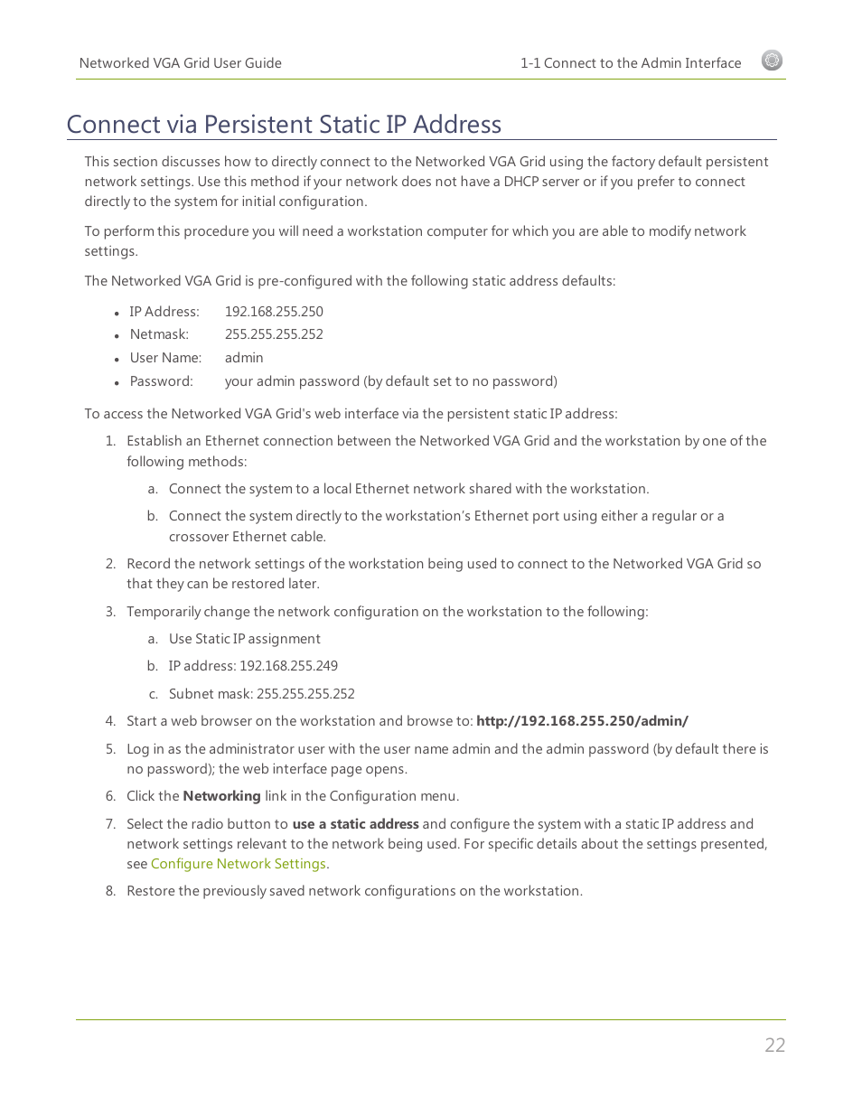 Connect via persistent static ip address | Epiphan Networked VGA Grid User Manual | Page 34 / 306