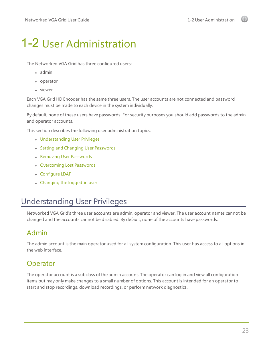 2 user administration, Understanding user privileges, User administration | Admin, Operator | Epiphan Networked VGA Grid User Manual | Page 35 / 306