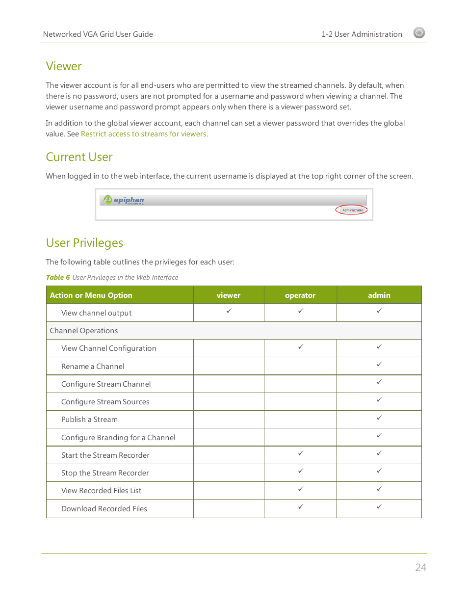 Viewer, Current user, User privileges | Epiphan Networked VGA Grid User Manual | Page 36 / 306