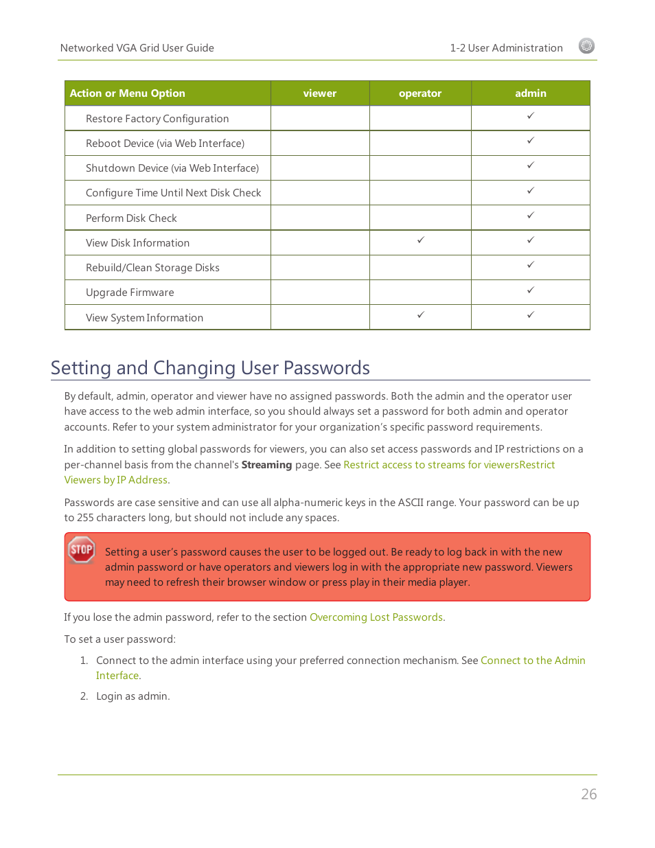 Setting and changing user passwords, Setting and changing user, Passwords | Epiphan Networked VGA Grid User Manual | Page 38 / 306