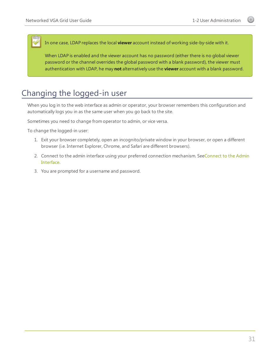 Changing the logged-in user | Epiphan Networked VGA Grid User Manual | Page 43 / 306