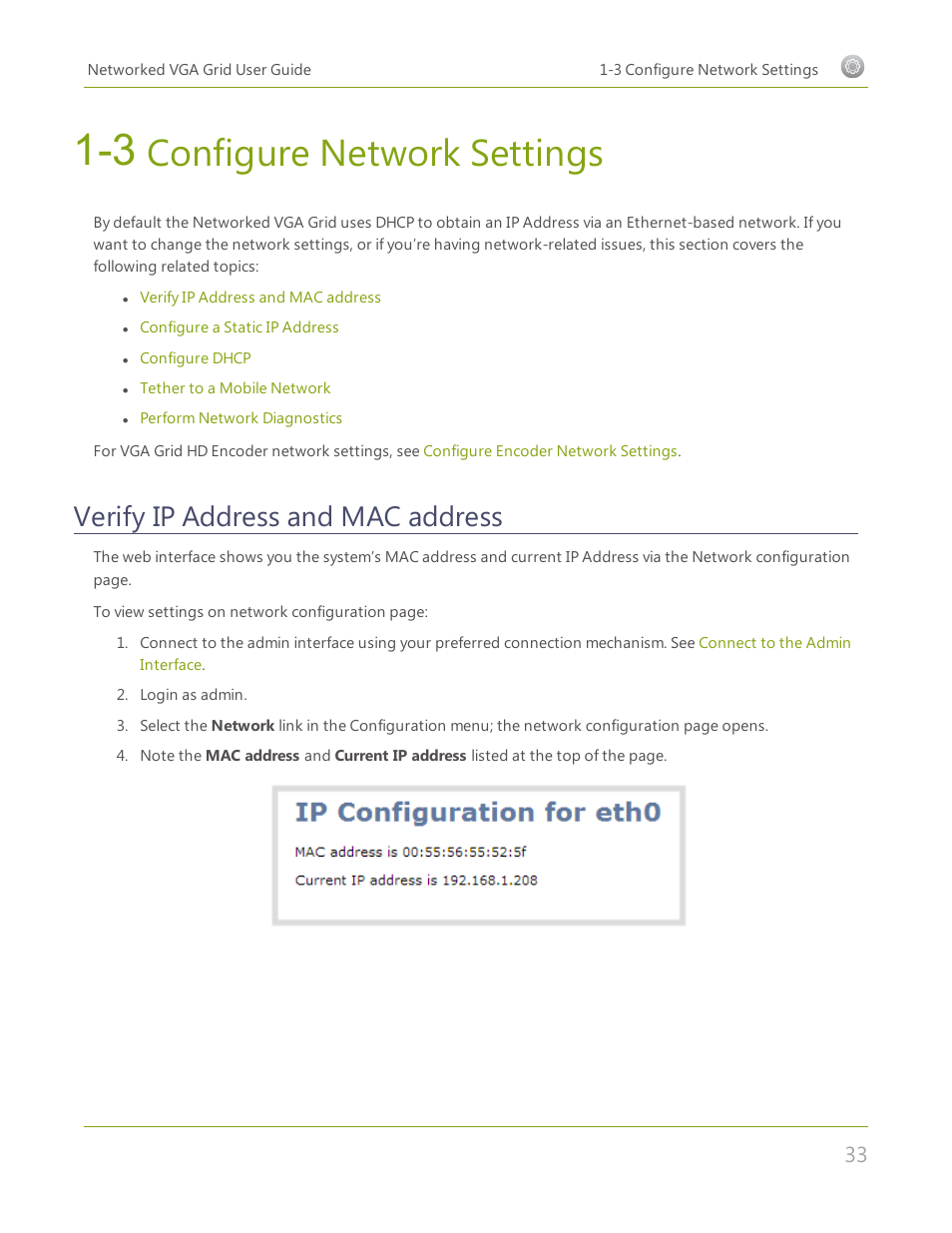 3 configure network settings, Verify ip address and mac address, Configure network settings | Epiphan Networked VGA Grid User Manual | Page 45 / 306