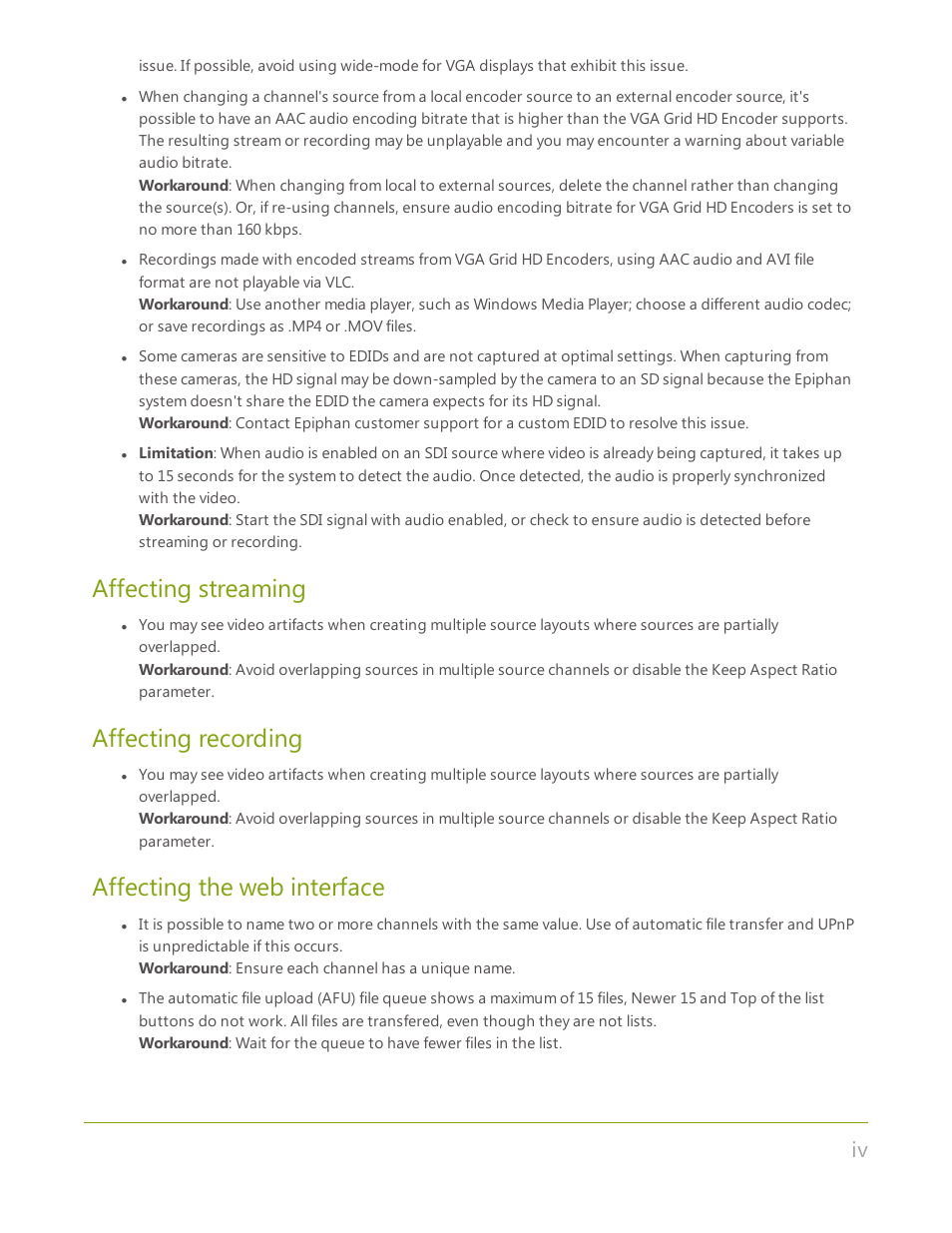 Affecting streaming, Affecting recording, Affecting the web interface | Epiphan Networked VGA Grid User Manual | Page 5 / 306