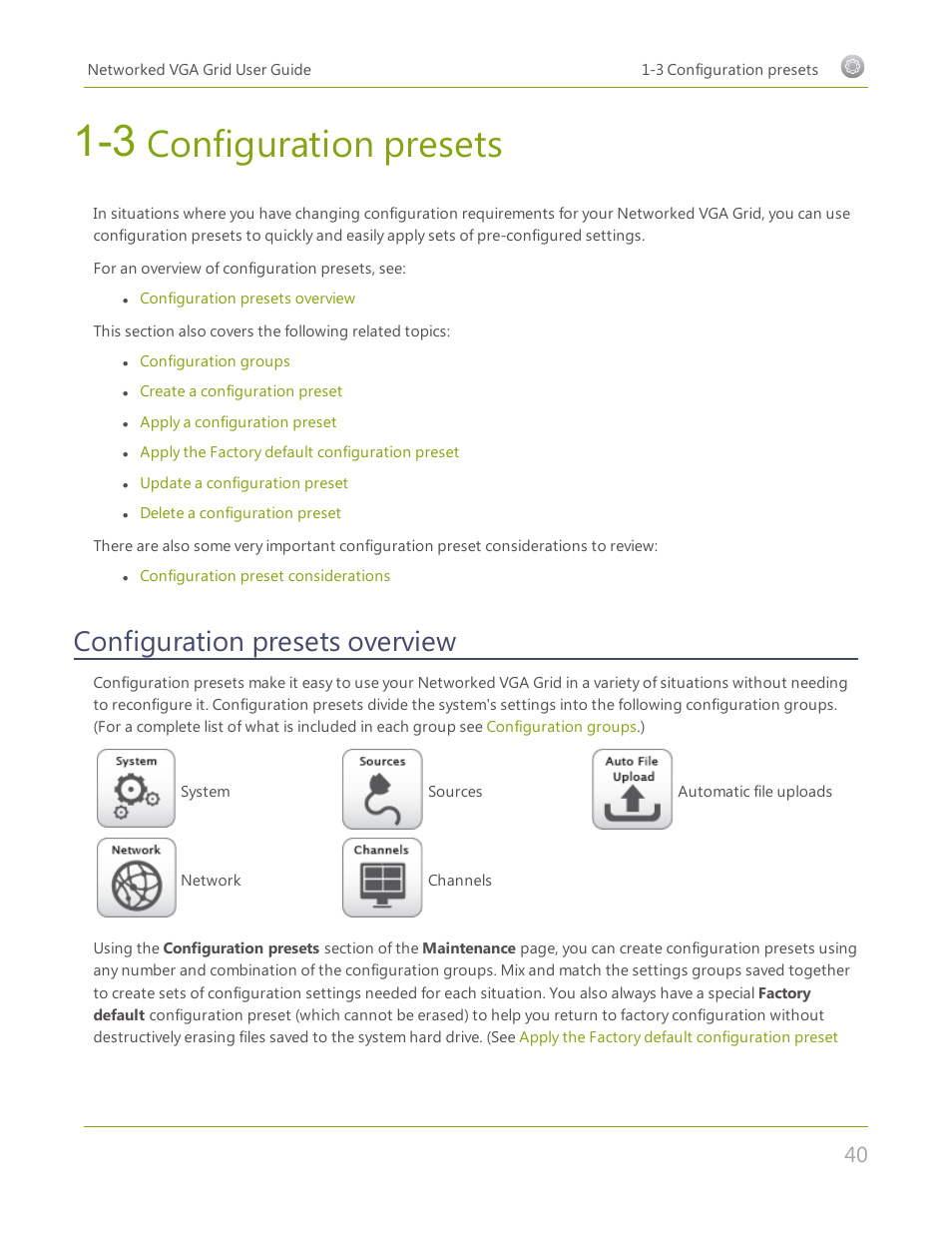 3 configuration presets, Configuration presets overview, Configuration presets | Epiphan Networked VGA Grid User Manual | Page 52 / 306