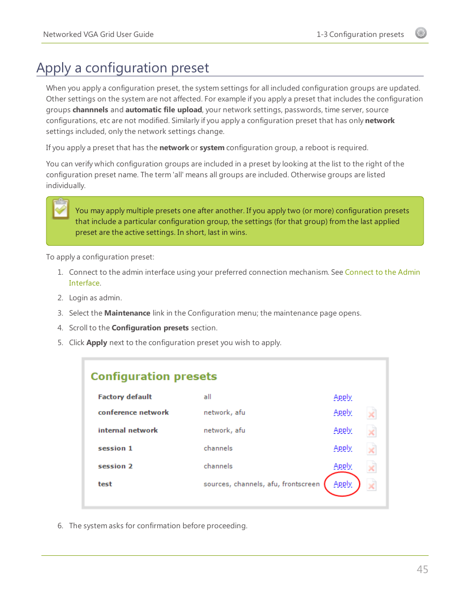 Apply a configuration preset | Epiphan Networked VGA Grid User Manual | Page 57 / 306