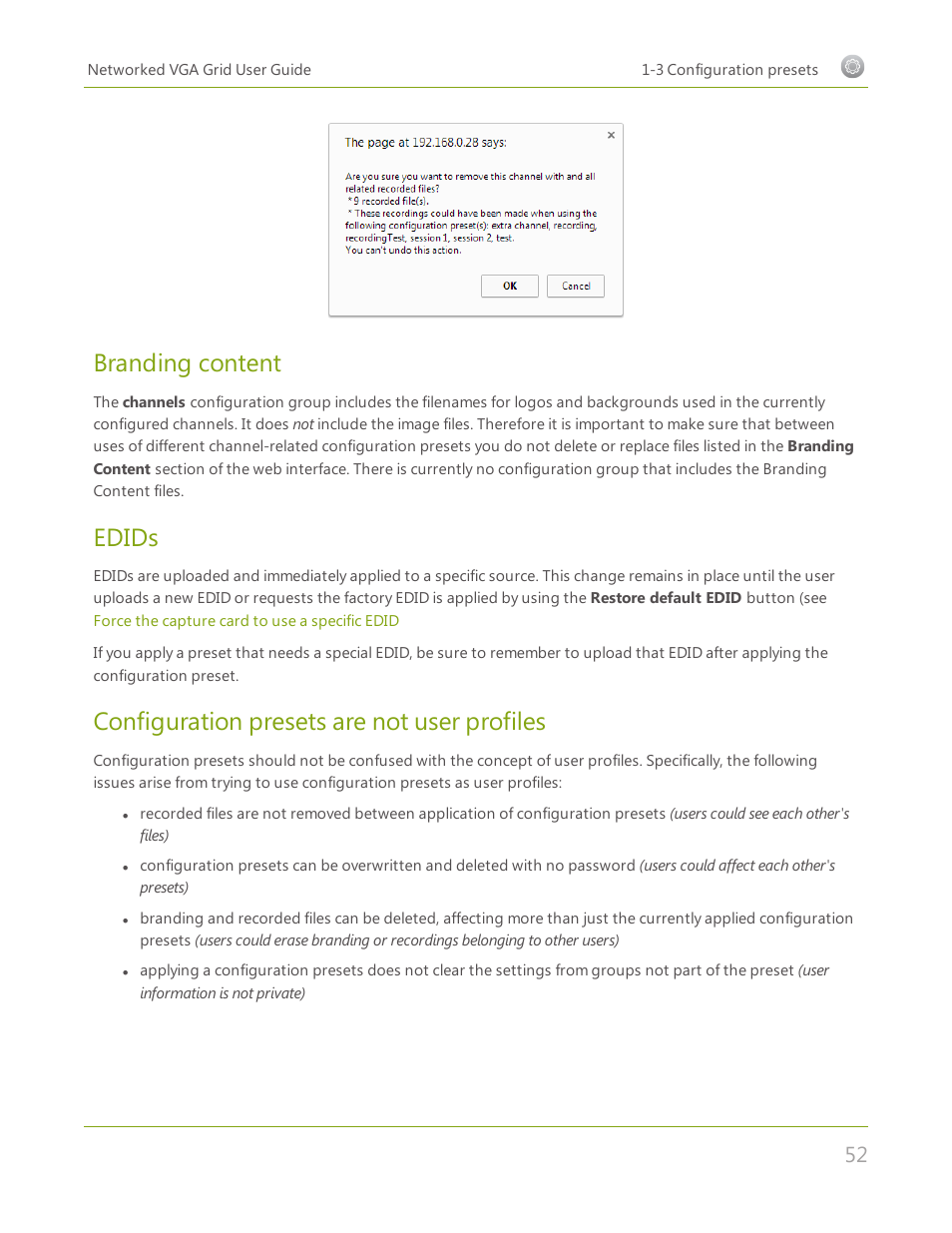 Branding content, Edids, Configuration presets are not user profiles | Epiphan Networked VGA Grid User Manual | Page 64 / 306