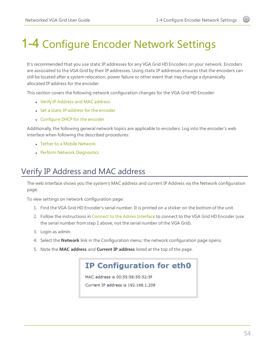 4 configure encoder network settings, Verify ip address and mac address, Configure encoder network settings | Epiphan Networked VGA Grid User Manual | Page 66 / 306