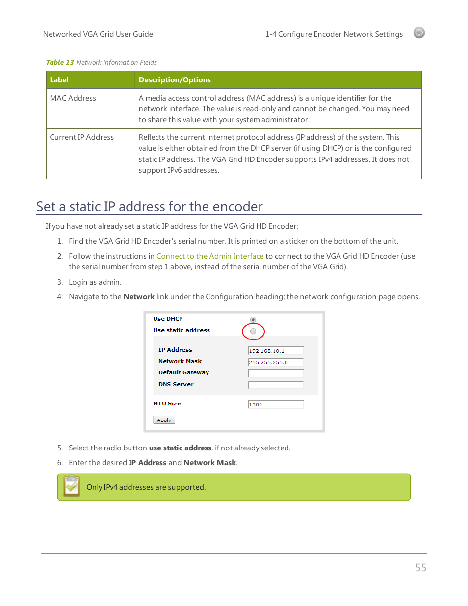 Set a static ip address for the encoder | Epiphan Networked VGA Grid User Manual | Page 67 / 306