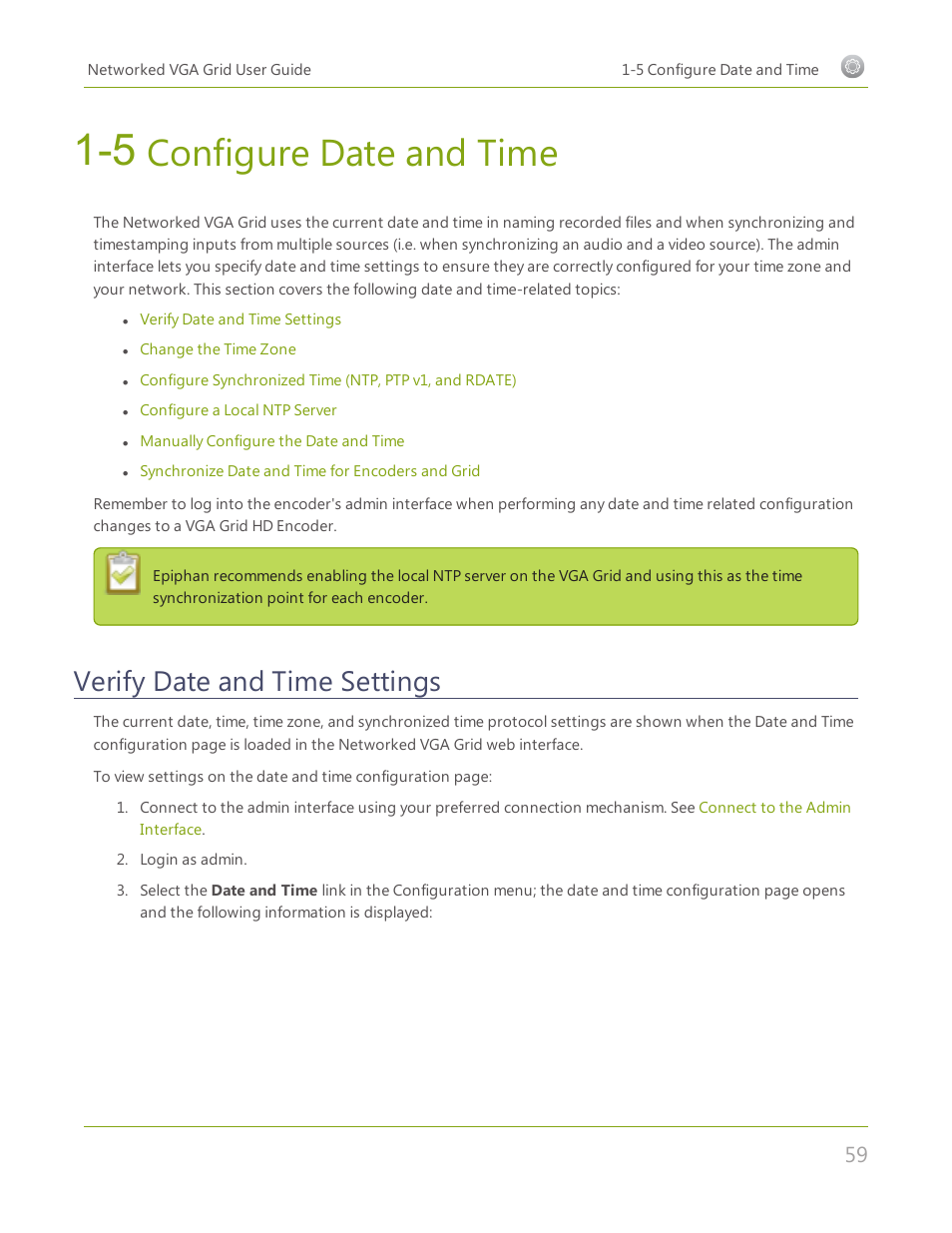 5 configure date and time, Verify date and time settings, Configure date and time | Epiphan Networked VGA Grid User Manual | Page 71 / 306