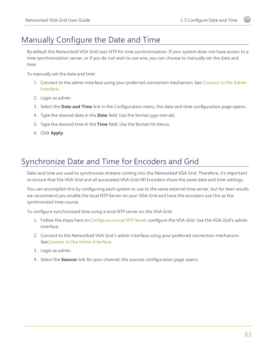 Manually configure the date and time, Synchronize date and time for encoders and grid | Epiphan Networked VGA Grid User Manual | Page 75 / 306